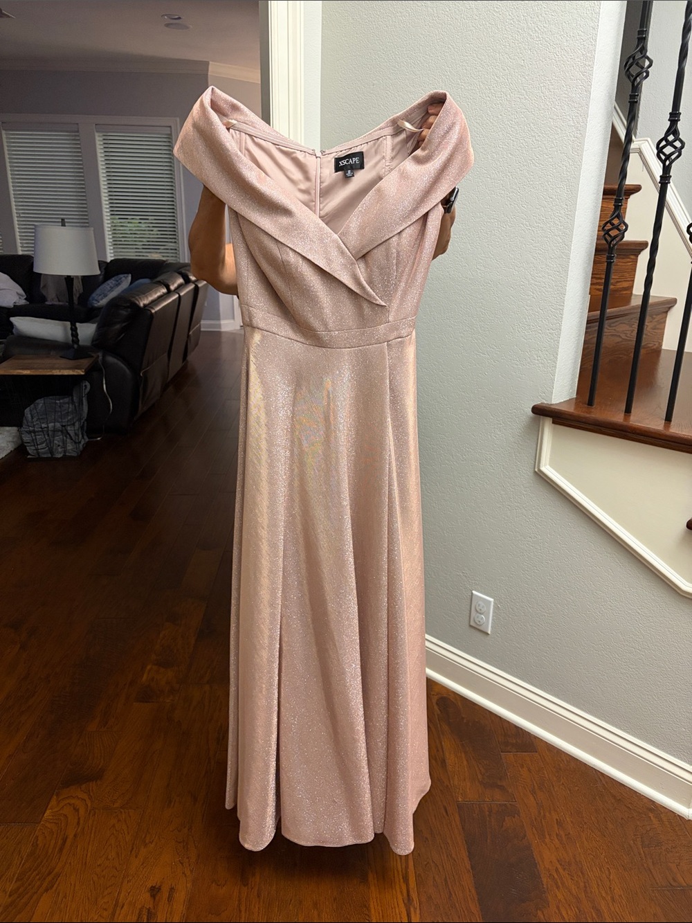 Xscape Shimmery Blush Pink Off-Shoulder Maxi Dress